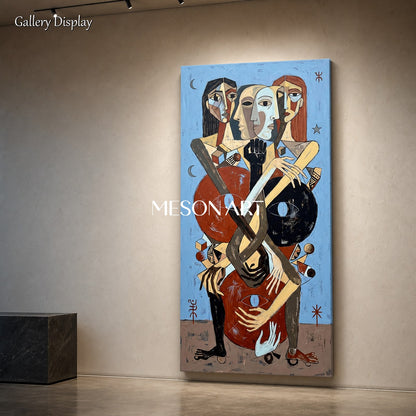 Blue And Brown Expressionist Figurative Abstract Painting Panoramic Wall Art For Living Room By Mesonart