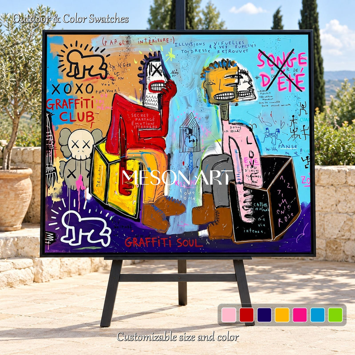 Blue And Red Graffiti Painting Rectangular Wall Decor For Living Room By Mesonart