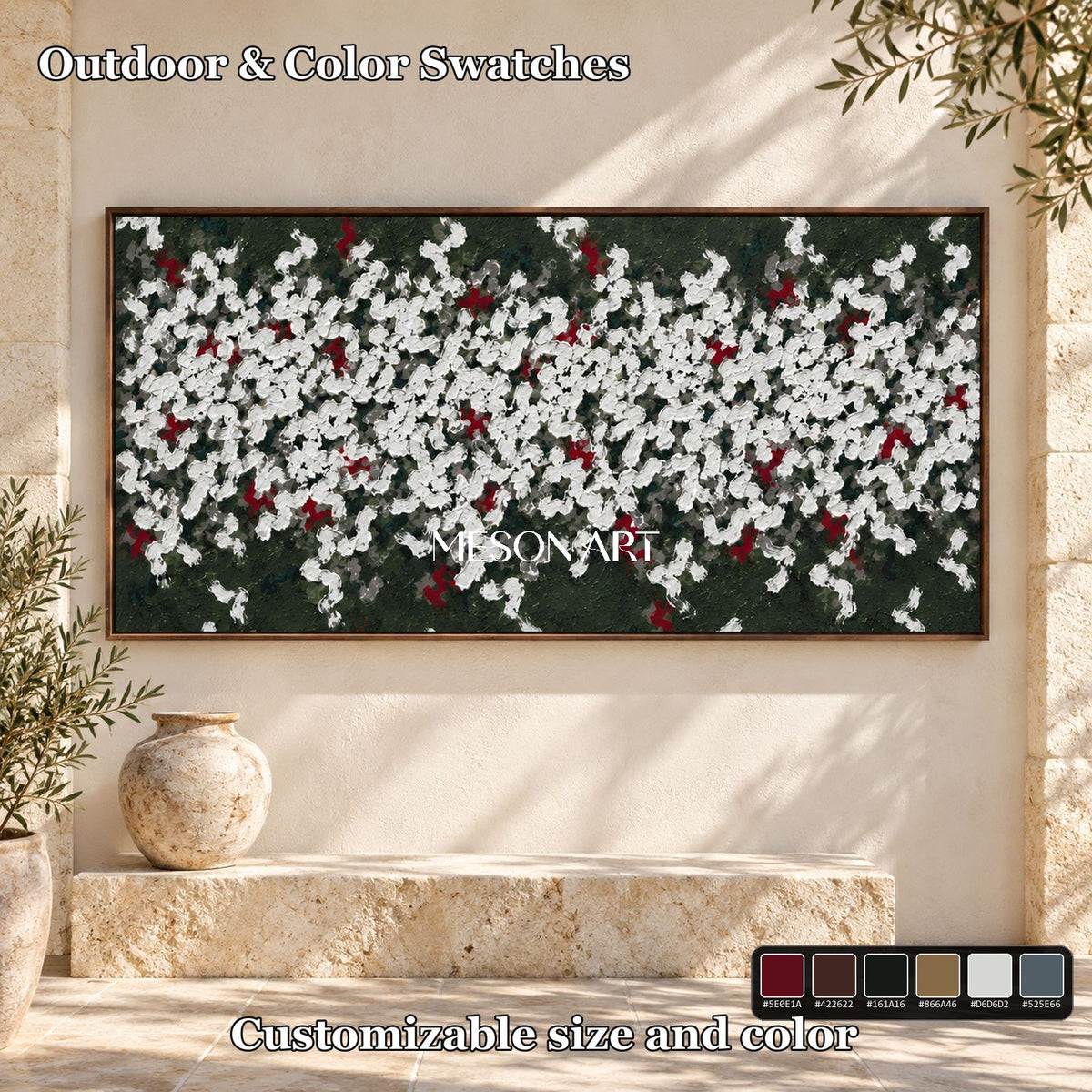 Green And White Abstract Art Wabi-Sabi Impasto Palette Knife Panoramic Wall Decor For Living Room By Mesonart