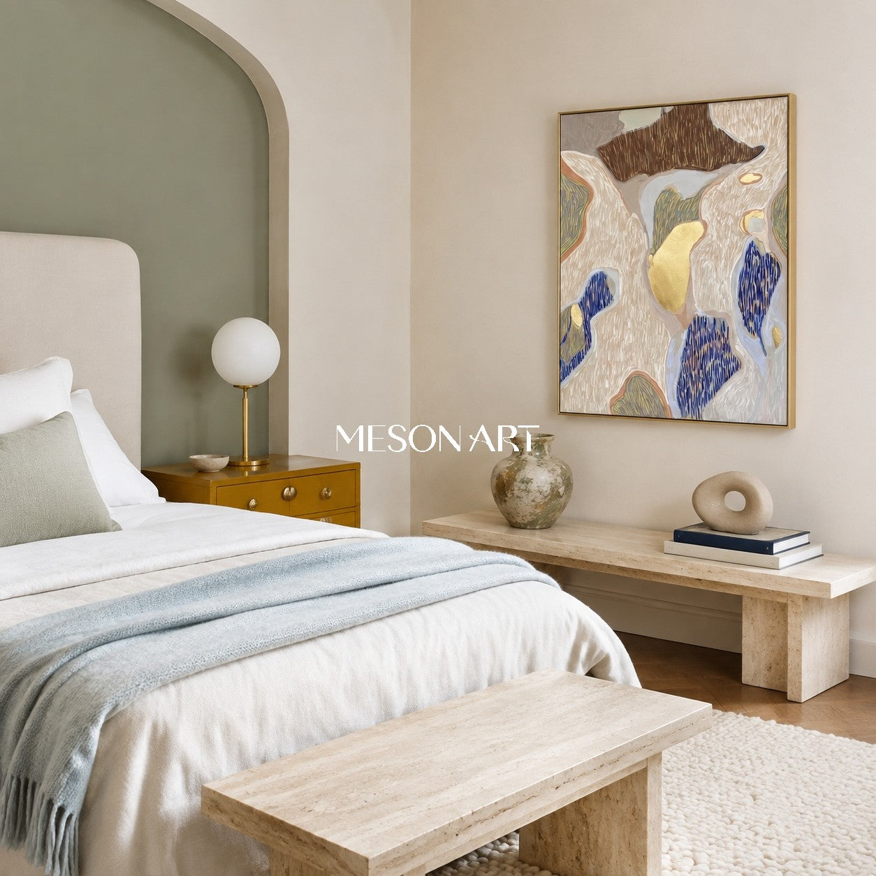 Beige And Gold Abstract Textured Painting Organic Contemporary Rectangular Wall Art For Living Room By Mesonart