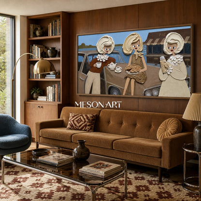 Vintage-Pop-Art-Gemälde mit strukturierten Figuren und Oldtimern für das Wohnzimmer