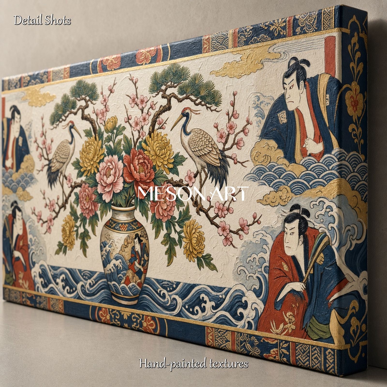 Japanese Ukiyo-E Canvas Art With Cranes And Flowers For Living Room Decor