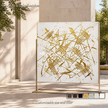 White And Gold Abstract Expressionism Painting Jackson Pollock Inspired Square Wall Art For Living Room By Mesonart