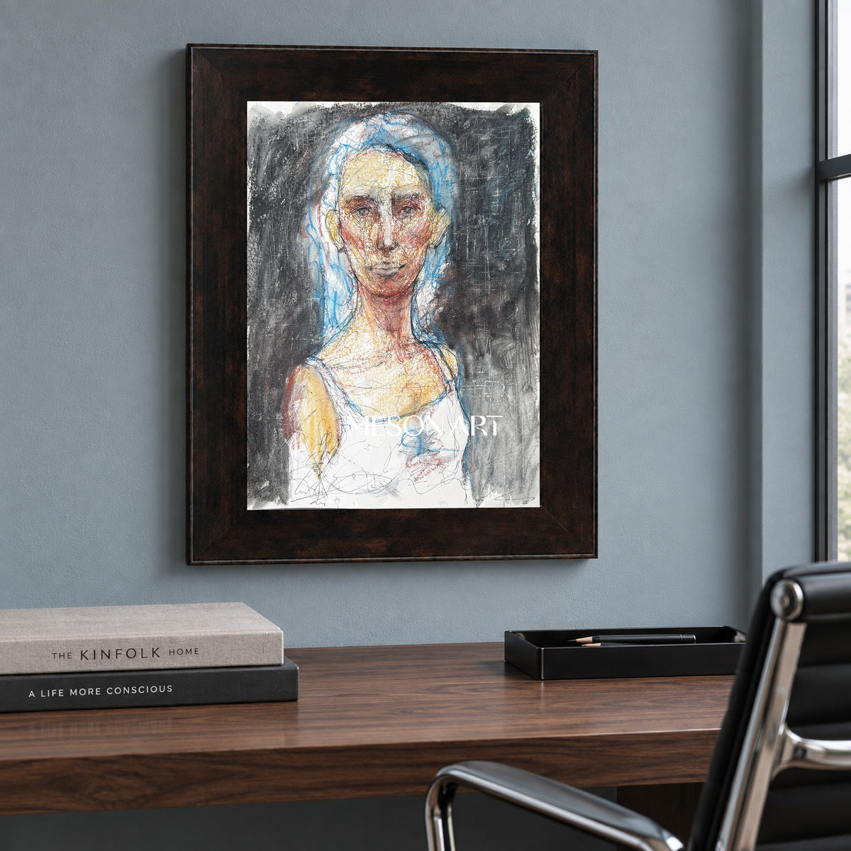 Black And White Figurative Expressionist Portrait Painting Rectangular Wall Art For Living Room By Mesonart