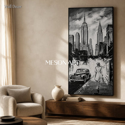 Black And White Modern Cityscape Painting Panoramic Wall Art Contemporary New York City Original Artist By Mesonart
