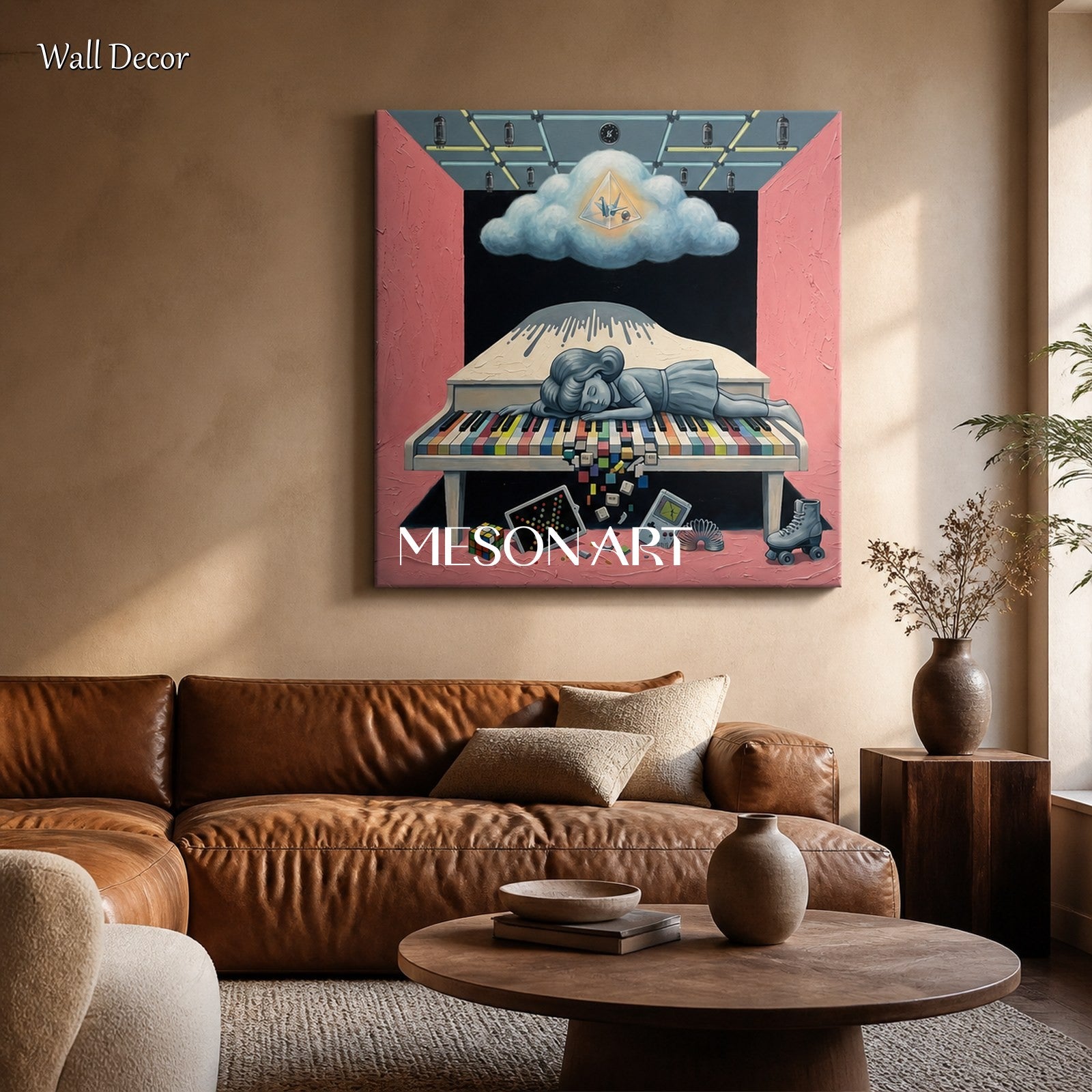 Pink And Blue Surrealism Painting Square Original Artist Hand Painted Contemporary Art Wall Decor For Living Room By Mesonart