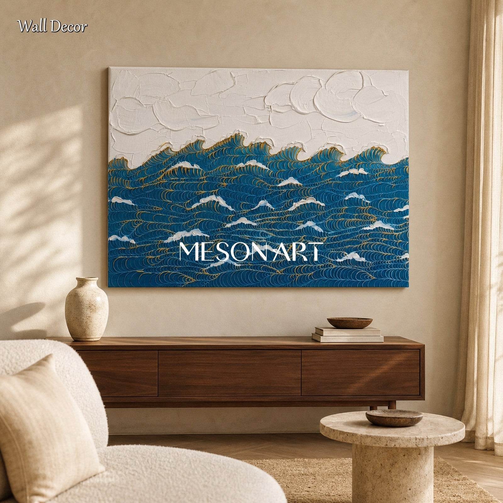 Blue And Gold Ocean Wave Painting Art Deco Style Textured Wall Art For Living Room