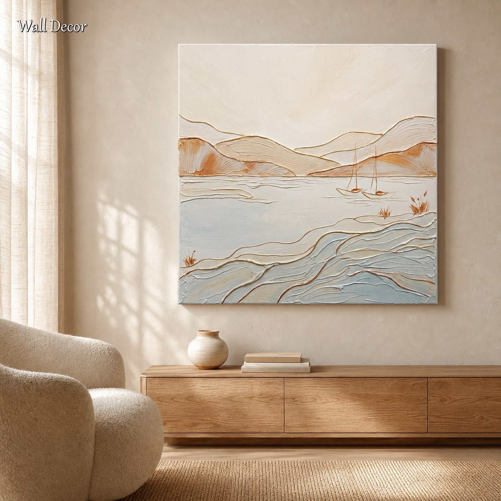 Arte minimalista in stile costiero con dettagli dorati per ambienti moderni