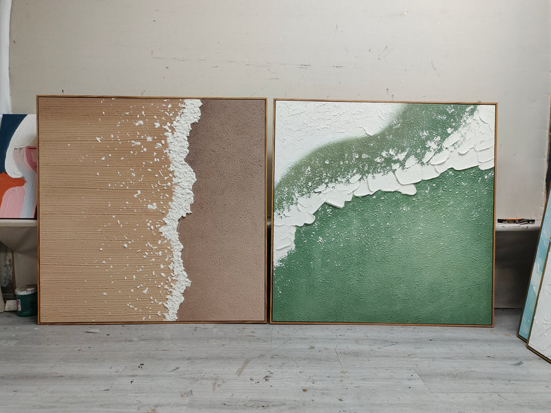 Large Coastal Beach Abstract Art Set of 2 Beach Texture Paintings Minimalist Wave Wall Art Set of 2