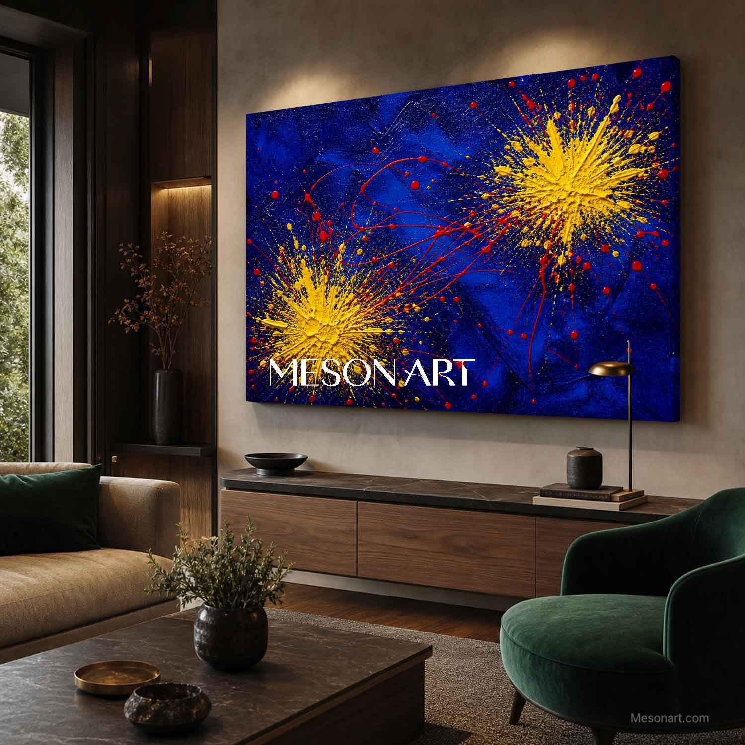Original Yellow Blue Abstract Pollock Style Art With Dynamic Splatter Technique For Living Room