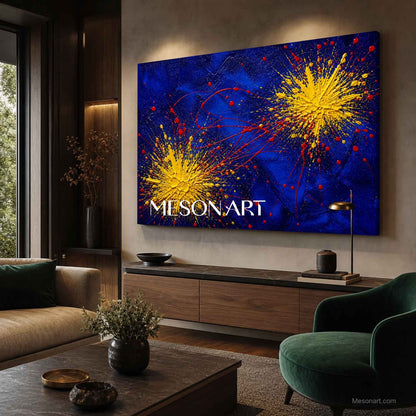 Original Yellow Blue Abstract Pollock Style Art With Dynamic Splatter Technique For Living Room