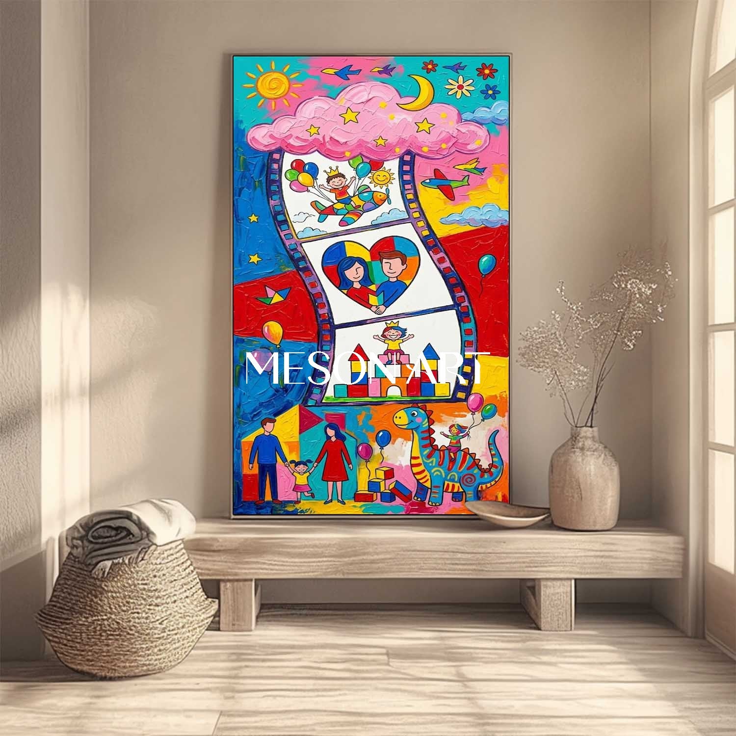 Colorful Cartoon Family Art For Kids Room Nursery Wall Decor Original Painting