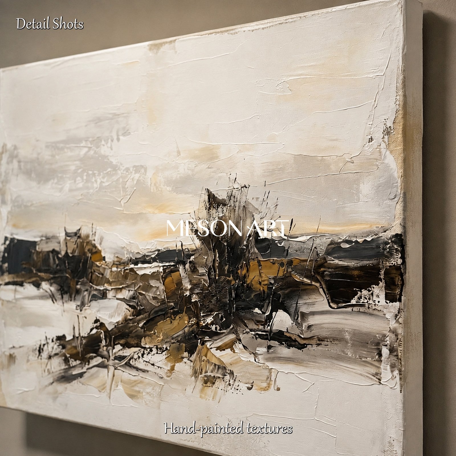 Quadro astratto raffigurante un paesaggio, nei toni del beige e del nero, di forma rettangolare, con cornice neutra, realizzato da Mesonart