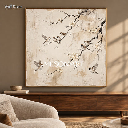 Beige And White Sparrow Painting Square Wall Art Original Artist Hand Painted By Mesonart