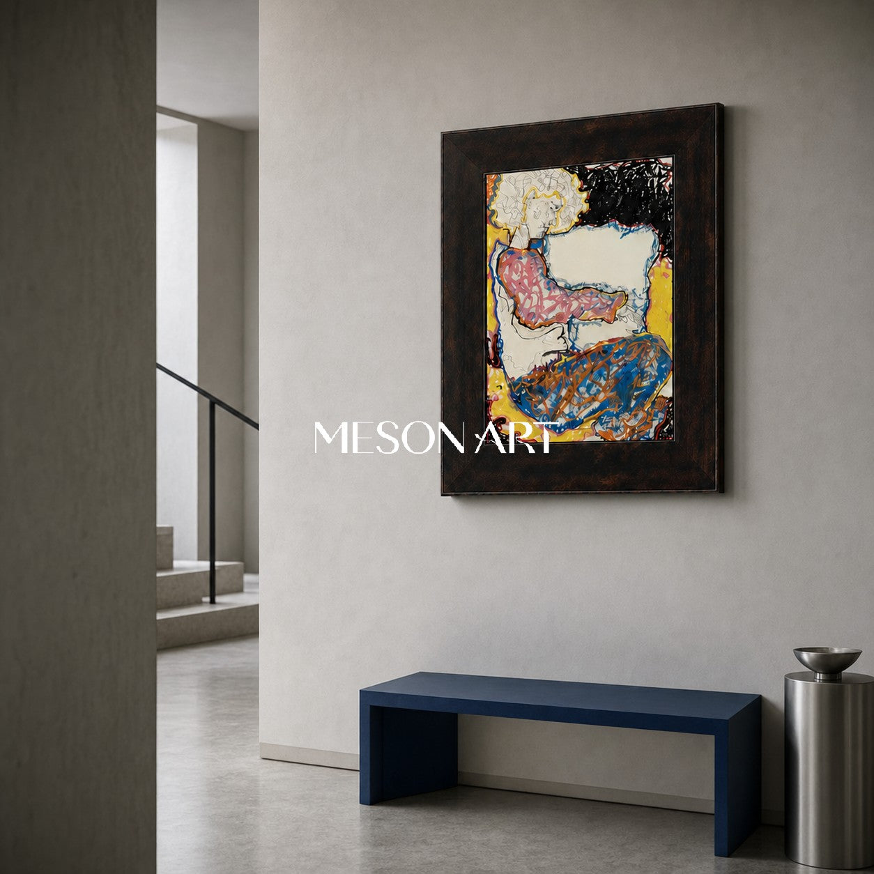 Modern Abstract Figure Painting With Blue And Yellow For Living Room Wall Decor