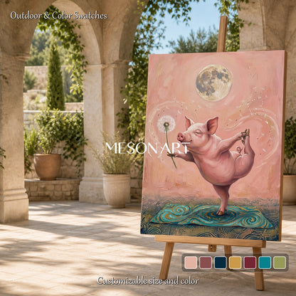 Pink Surrealist Yoga Pig Original Art Rectangular Wall Decor For Living Room By Mesonart