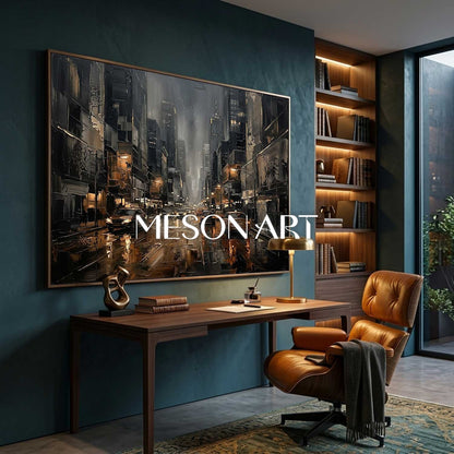 Abstract City Street Painting With Plaster Texture For Industrial Loft Living Room