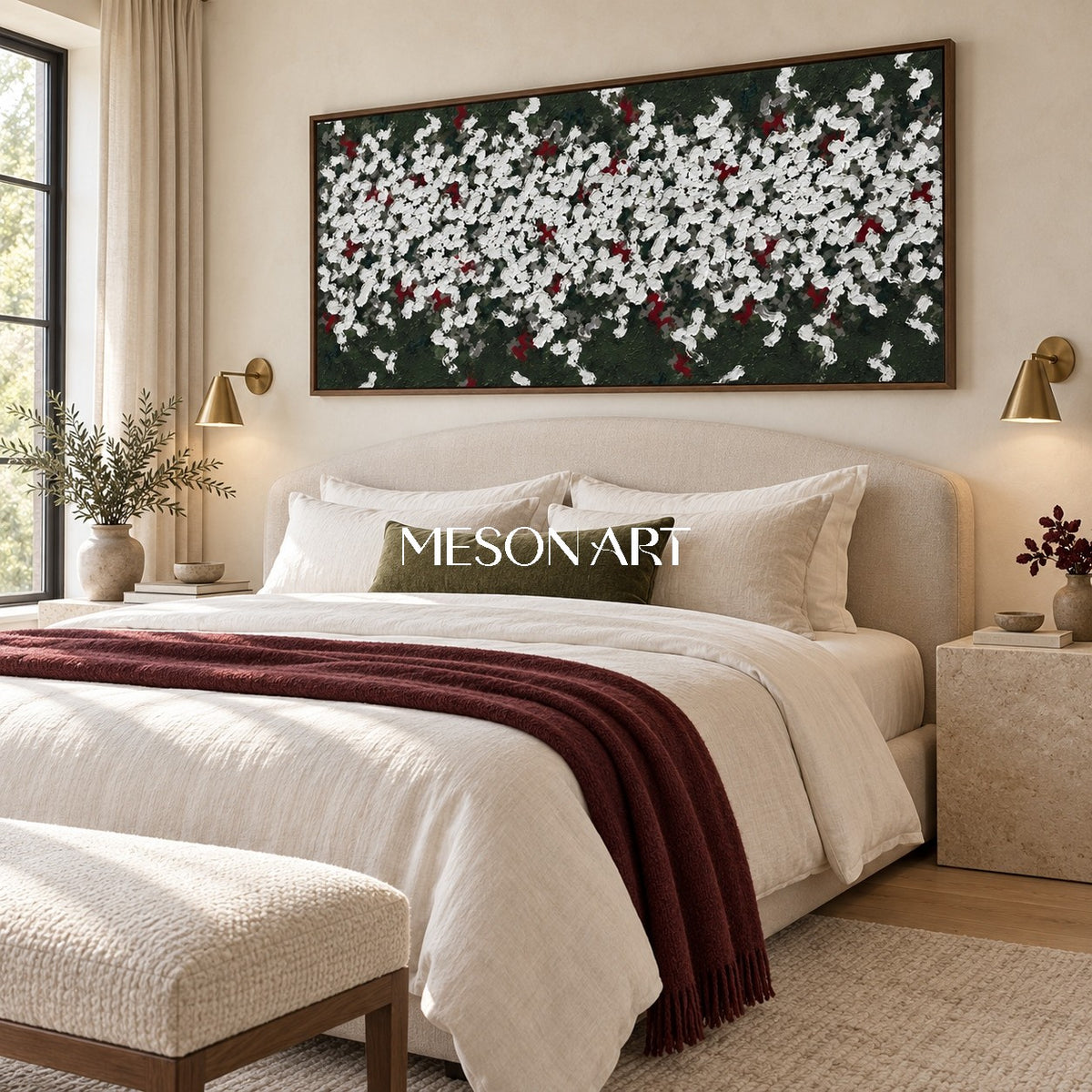 Green And White Abstract Art Wabi-Sabi Impasto Palette Knife Panoramic Wall Decor For Living Room By Mesonart