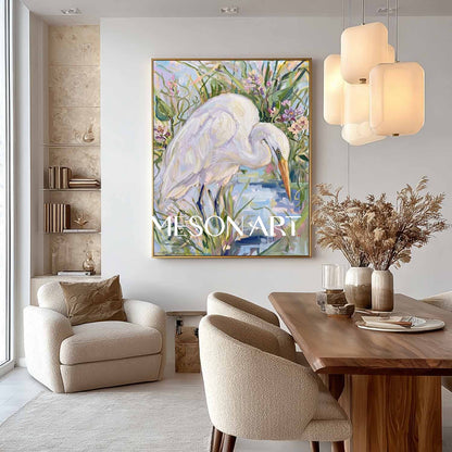 Elegant Egret Painting With Floral Landscape For Modern Living Room Decor