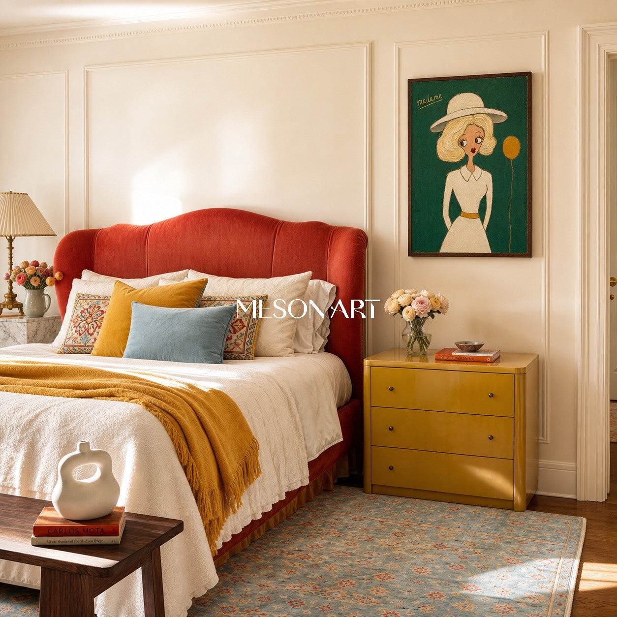 Elegant Fashion Lady Portrait Painting In Green And Gold For Bedroom Decor