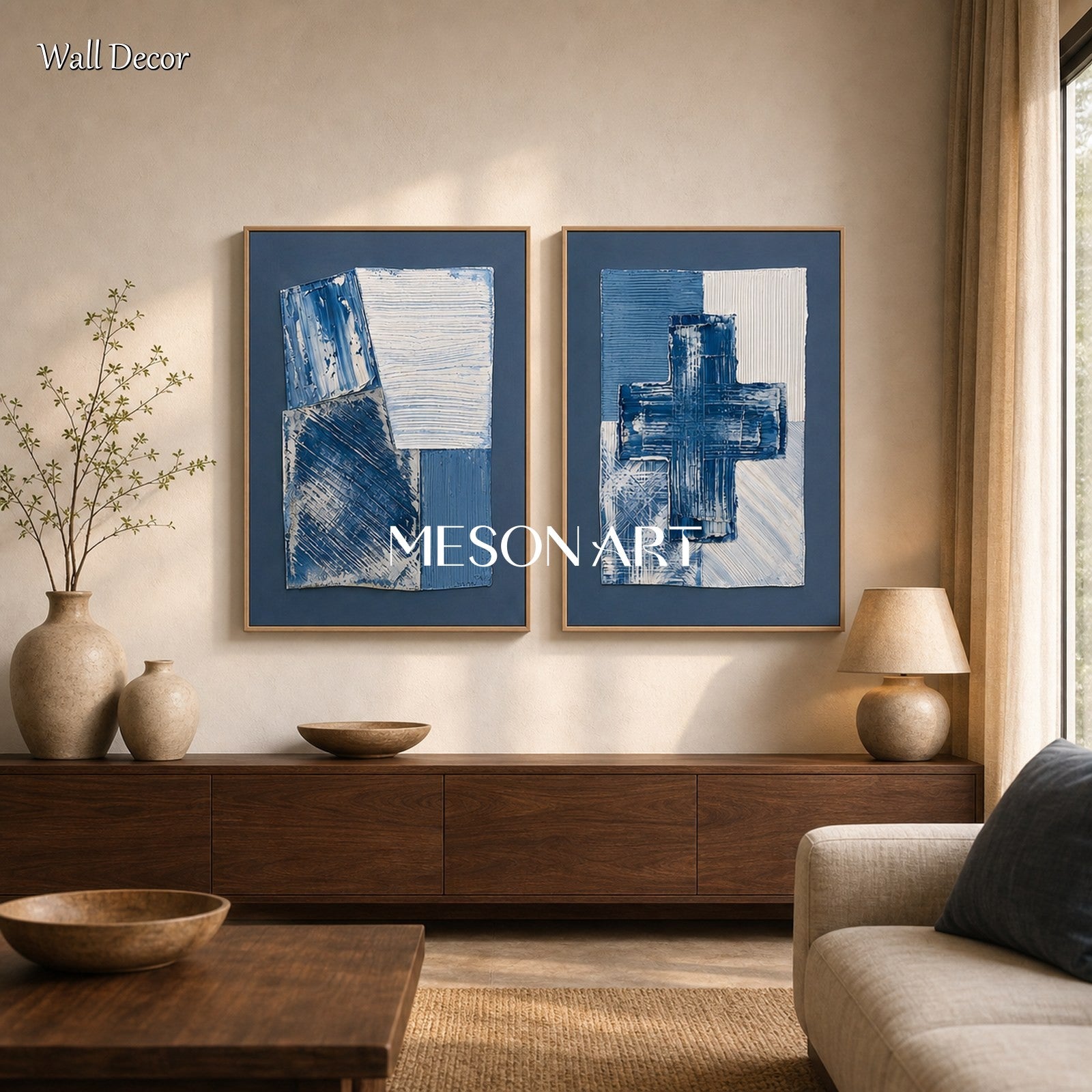 Blue Minimalist Abstract Painting Set For Modern Living Room Wall Decor