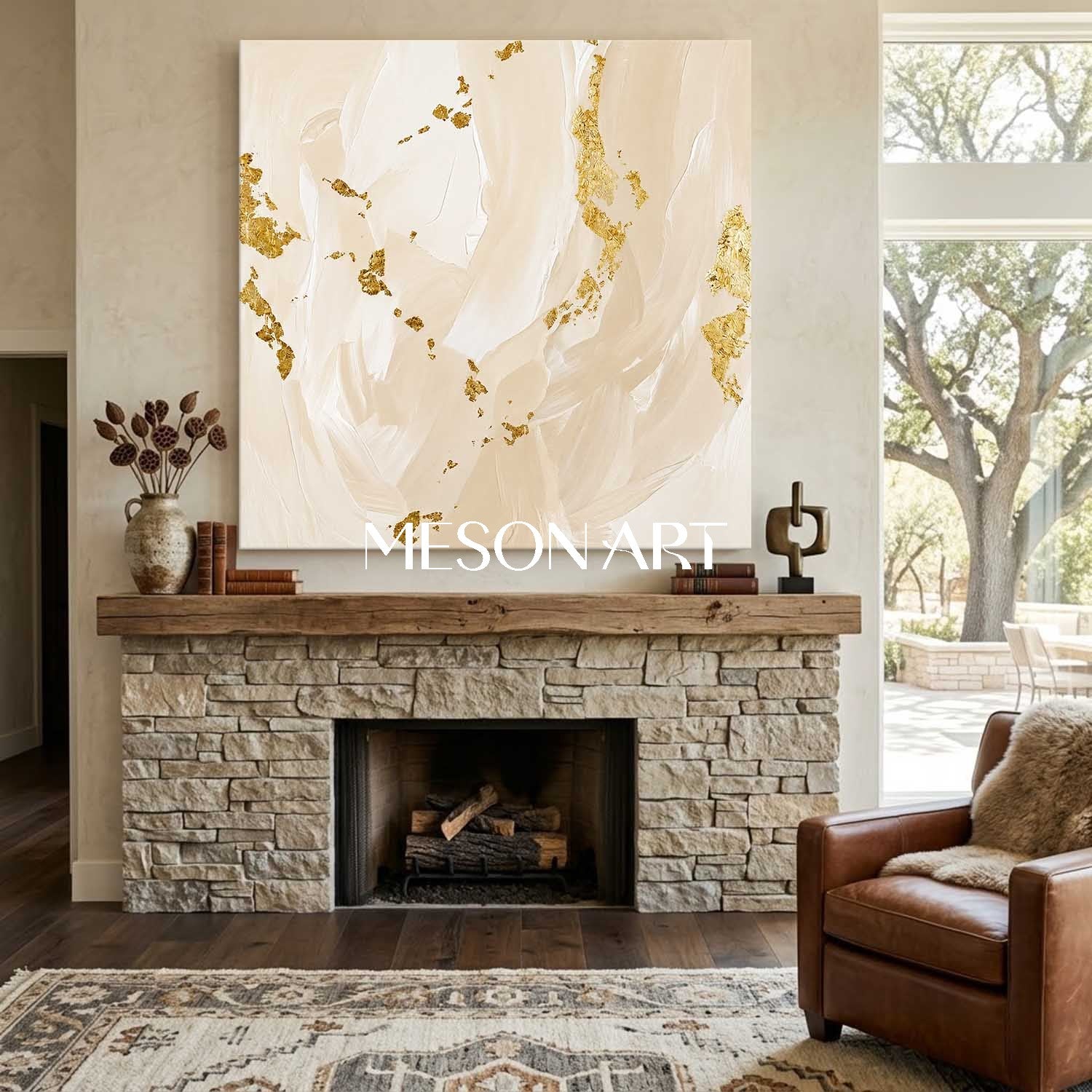 Luxury Gold Leaf Abstract Painting Beige Minimalist Art For Modern Home Decor