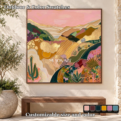 Pink And Gold Abstract Landscape Textured Painting Square Wall Art Modern Bohemian Original Artist By Mesonart