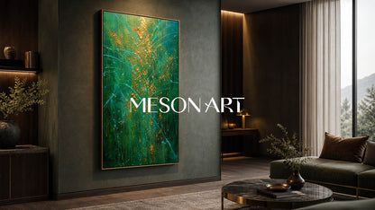 Emerald Green And Gold Pollock Abstract Style Painting For Modern Living Room Entryway Decor