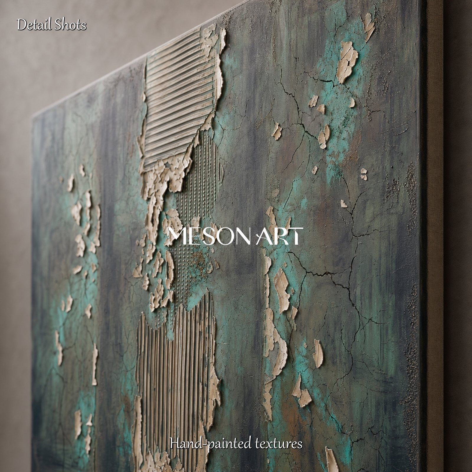 Green Textured Wall Art For Modern Industrial Living Room Decor With Cracked Finish