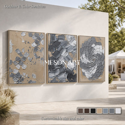 Handmade Textured Abstract Triptych Painting In Brown And Gray For Modern Living Room Decor