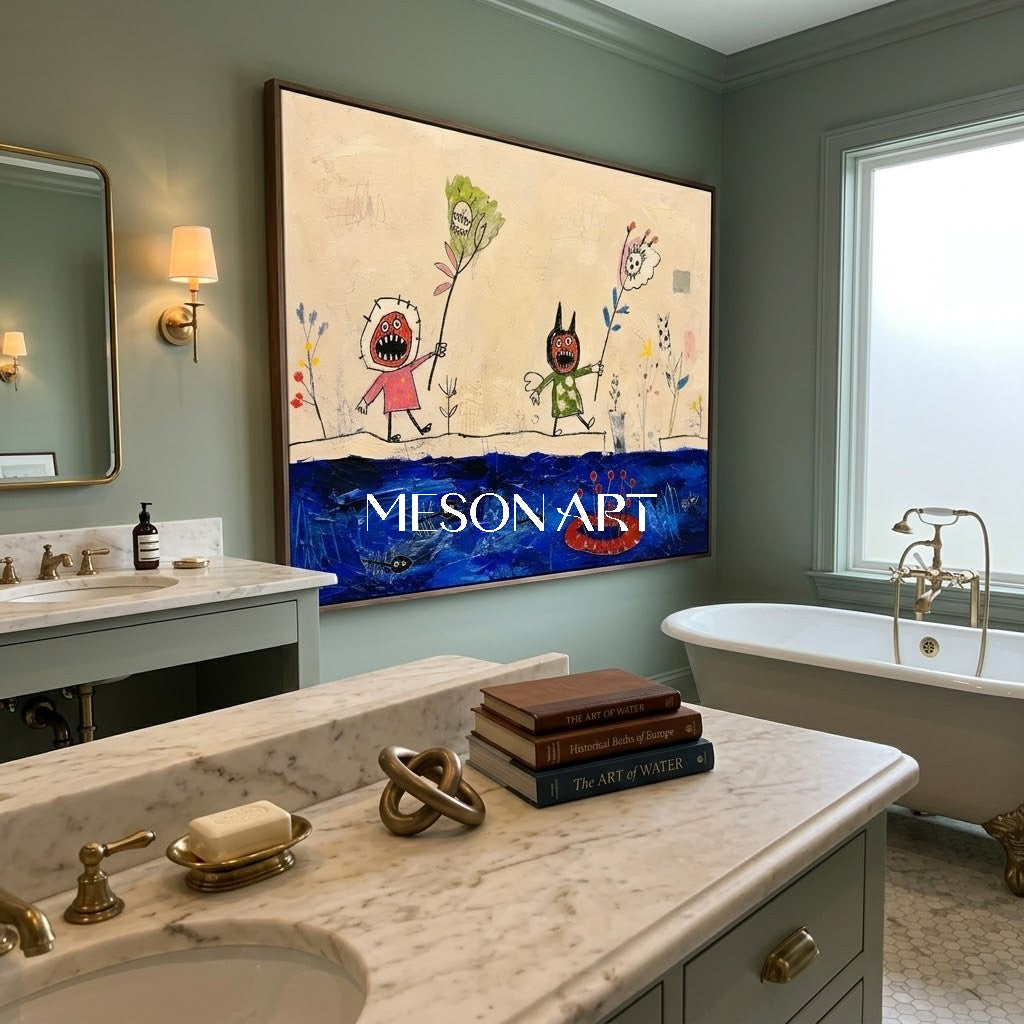 Original Expressionist Figurative Painting With Textured Blue Beige For Modern Living Room