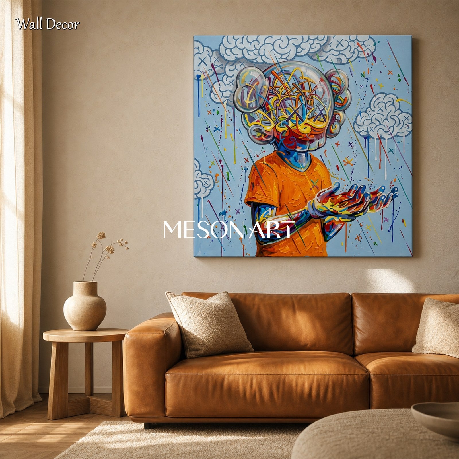 Vibrant Pop Art Painting With Glass Head Figure For Modern Living Room Decor