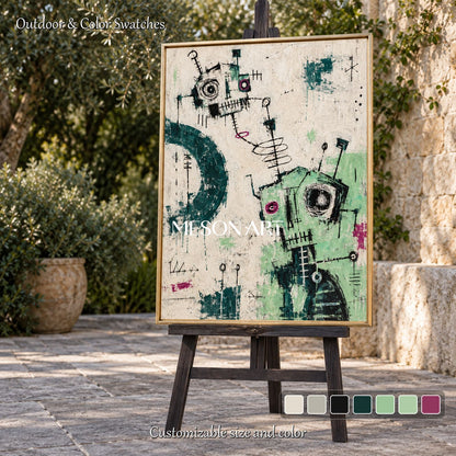 Green And White Abstract Pop Art Painting Large Canvas Wall Art For Living Room By Mesonart