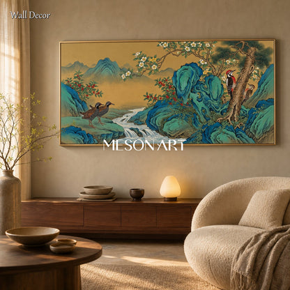 Blue And Gold Gongbi Painting Original Artist Panoramic Wall Art For Living Room By Mesonart