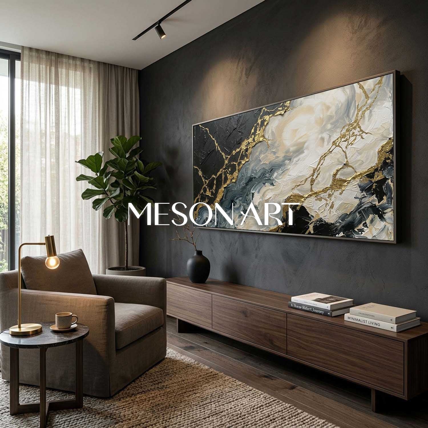 Gilded Tides Abstract Plaster Art With Gold Veins For Modern Living Room Decor