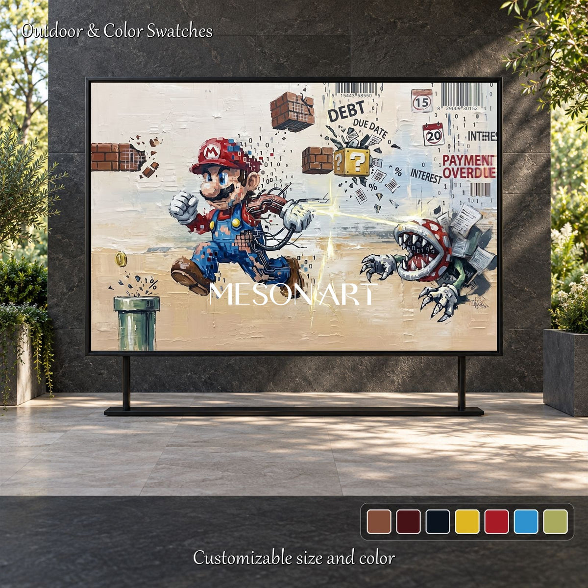 Red And Blue Surrealist Painting Cyber Mario Video Game Art Rectangular Wall Decor For Living Room By Mesonart