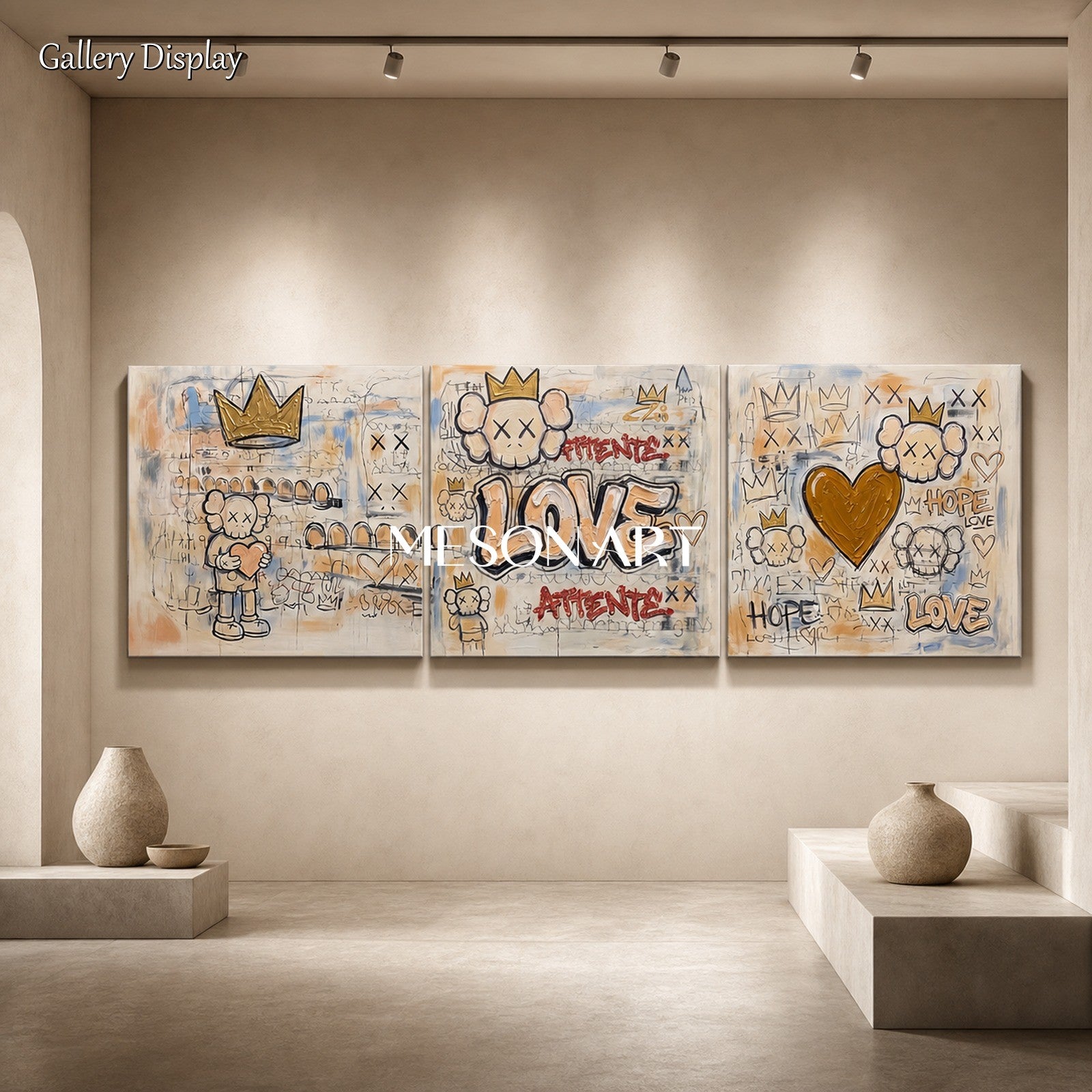 Urban Graffiti Wall Art With Crown And Heart Motifs For Modern Living Room Decor