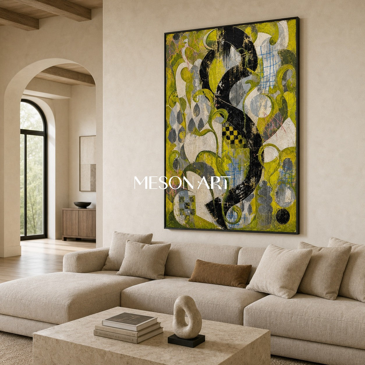 Urban Graffiti Abstract Painting With Green And Black Textured Canvas Art For Living Room