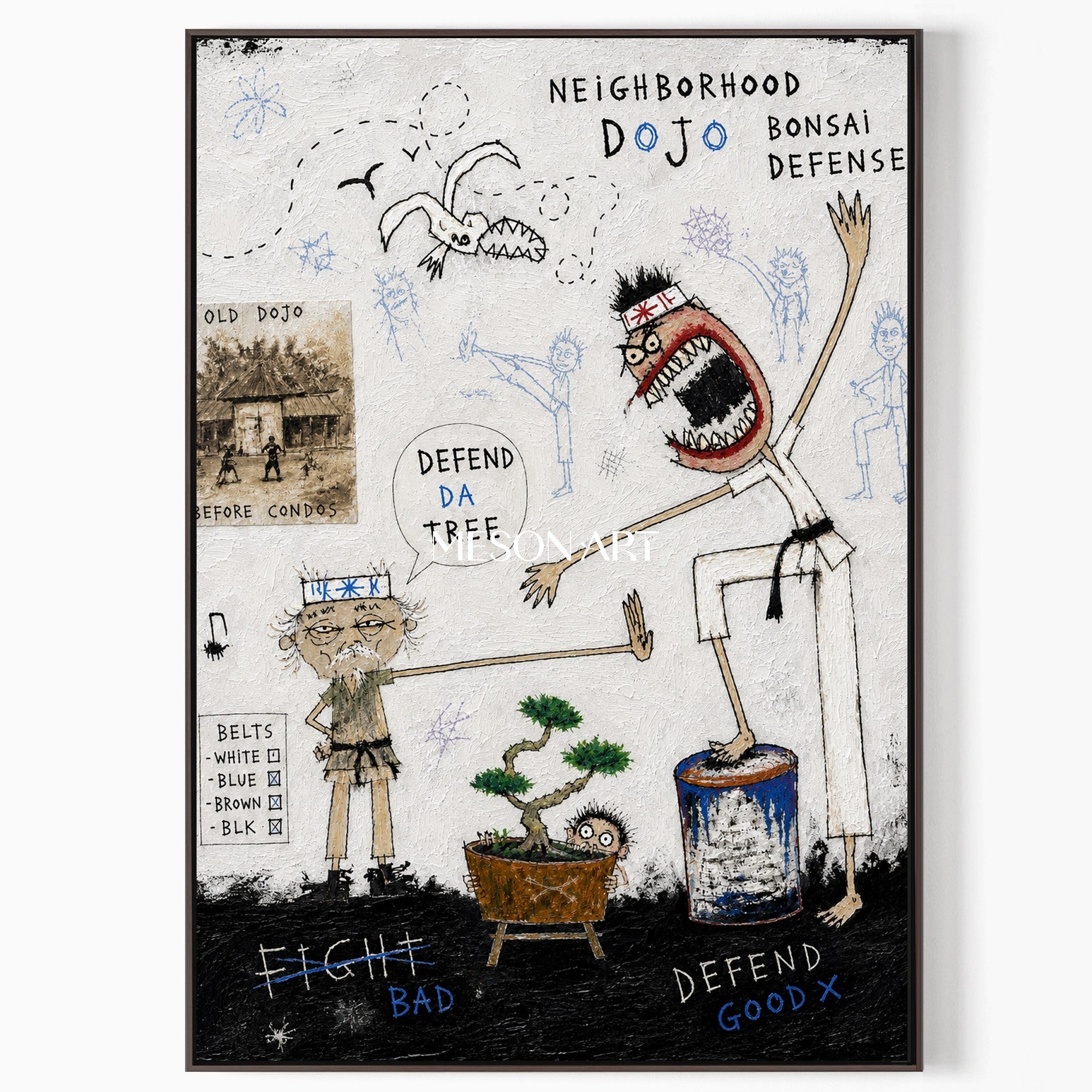 White And Black Graffiti Figurative Art Rectangular Canvas Martial Arts Story By Mesonart