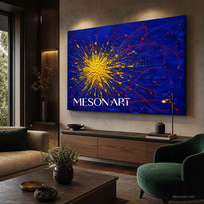 Blue And Yellow Pollock Abstract Painting With Red Splatter For Modern Living Room Decor