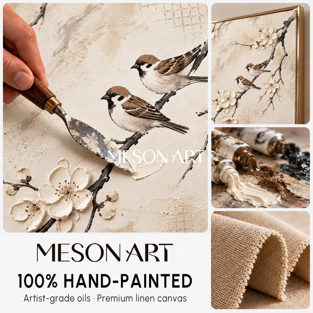 Beige And White Sparrow Painting Square Wall Art Original Artist Hand Painted By Mesonart