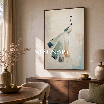 Elegant Peacock Abstract Painting In Beige And Teal For Art Deco Interior Design