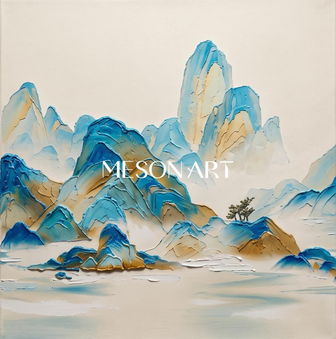 Blue Beige Modern Mountain Landscape Art Hand Painted Square Wall Decor By Mesonart