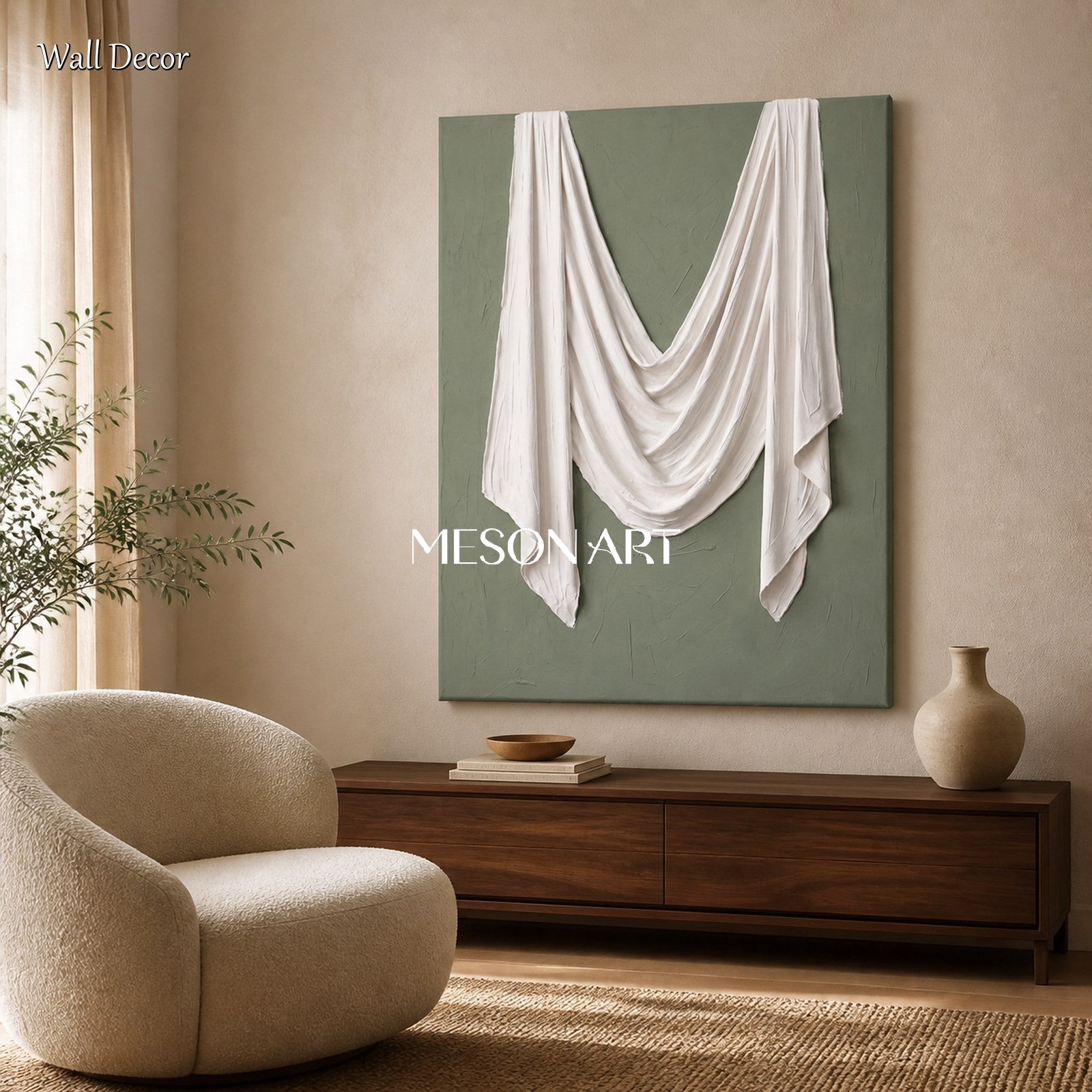 Green And White Sculptural 3D Textured Wall Art Rectangular Original Artist Hand Painted By Mesonart