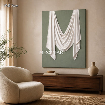 Green And White Sculptural 3D Textured Wall Art Rectangular Original Artist Hand Painted By Mesonart