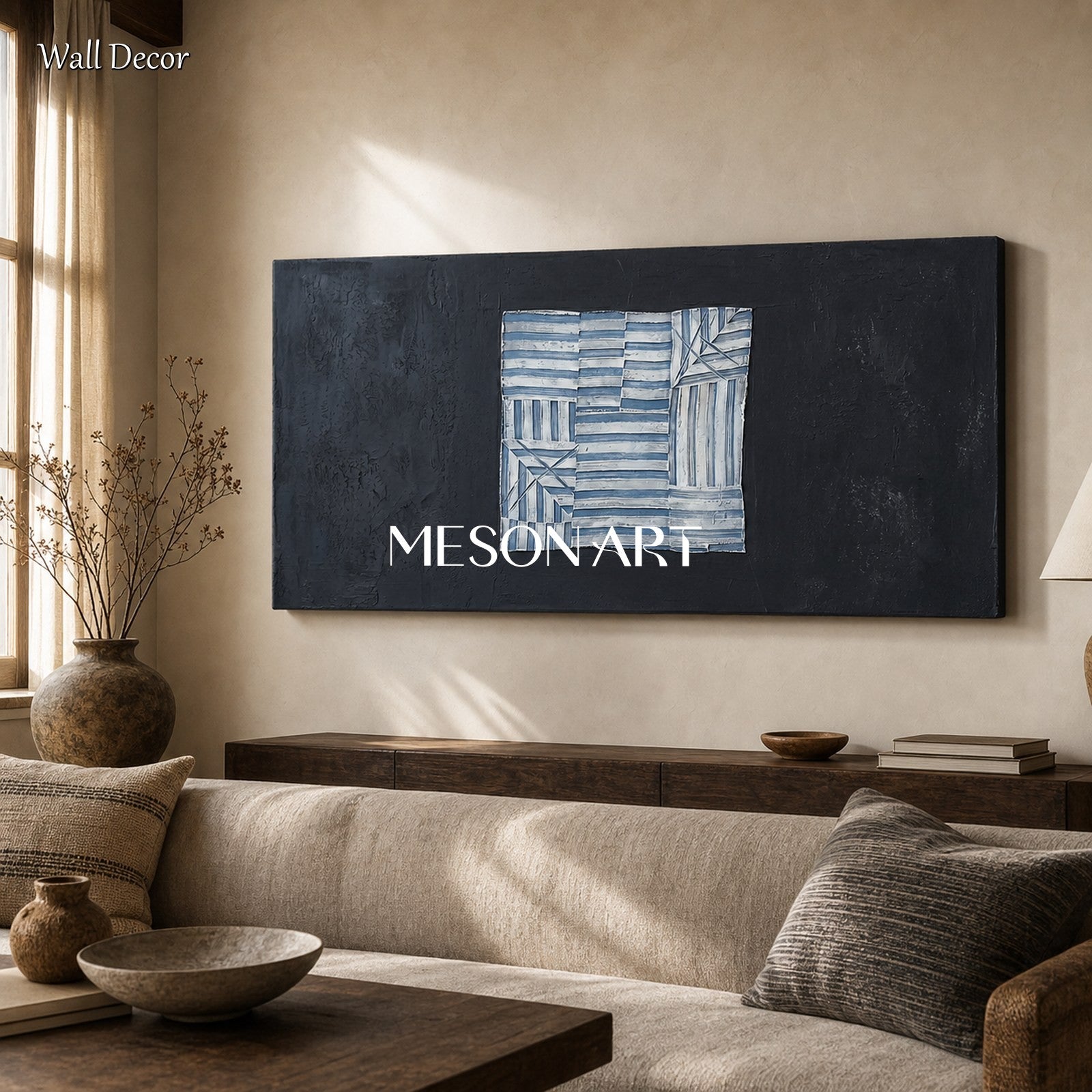 Navy Blue Abstract Art Painting With Smooth Texture For Modern Living Room Decor