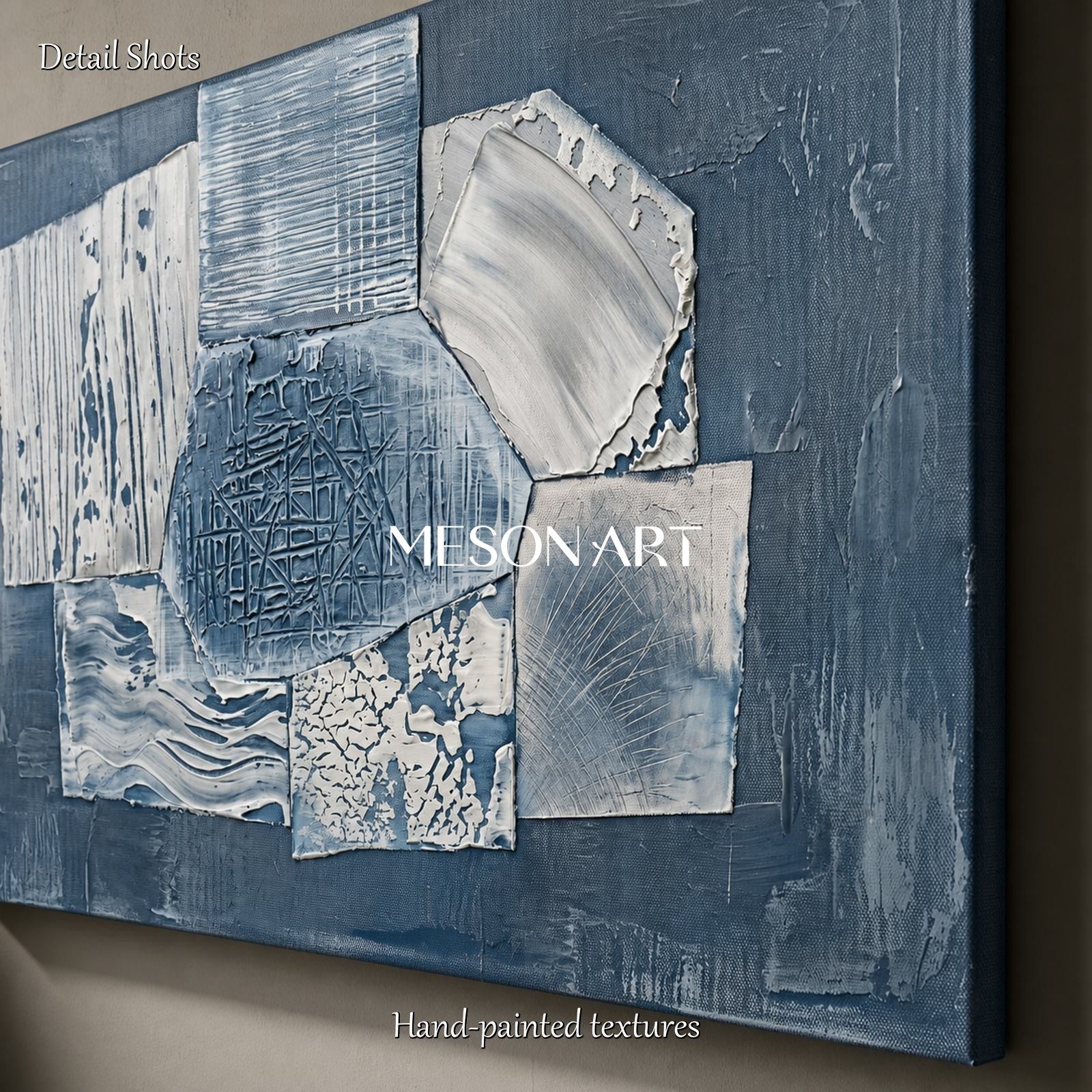 Blue Minimalist Abstract Painting With Textured Relief For Modern Living Room Decor