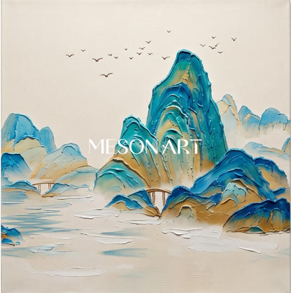 Blue Beige Modern Mountain Landscape Art Hand Painted Square Wall Decor By Mesonart