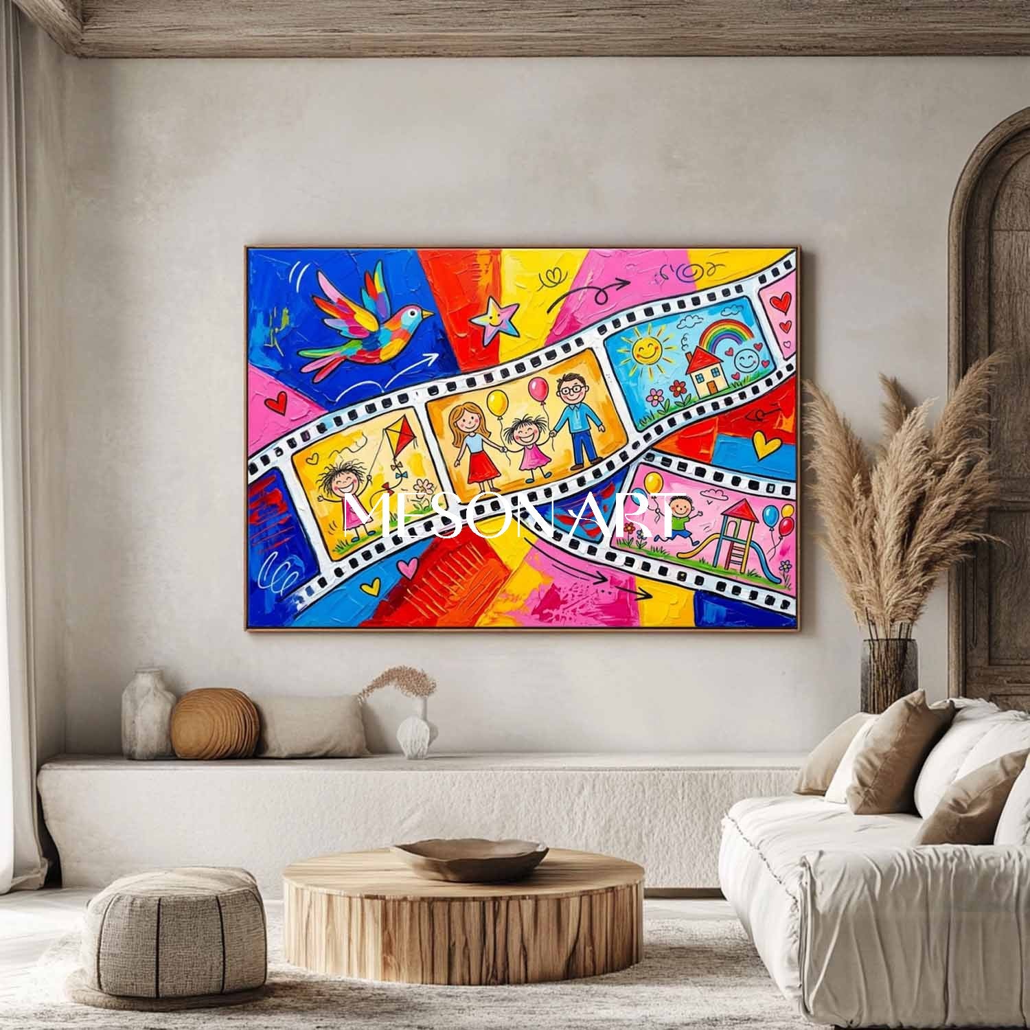 Vibrant Pop Art Painting For Kids Room With Happy Family Cartoon Characters And Colorful Film Strip Design