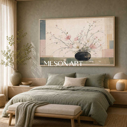 Elegant Pink Floral Still Life Painting With Geometric Background For Dining Room Wall Art Decor